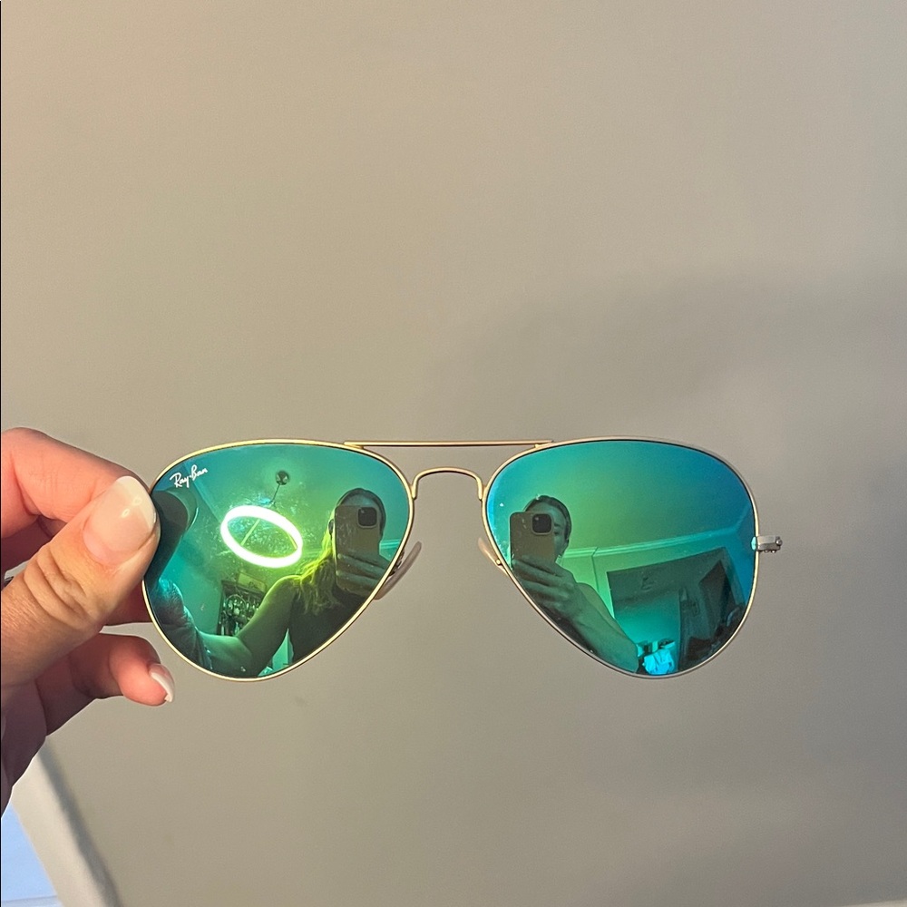 Ray-Ban Aviator Sunglasses with Gold Frame and Blue-Green Lenses